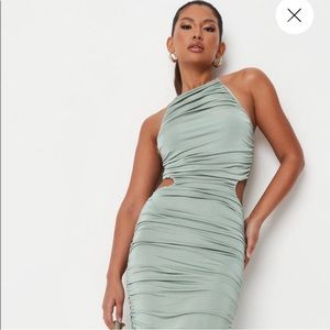 MISSGUIDED Green Slinky Ruched Halterneck Midaxi NWT